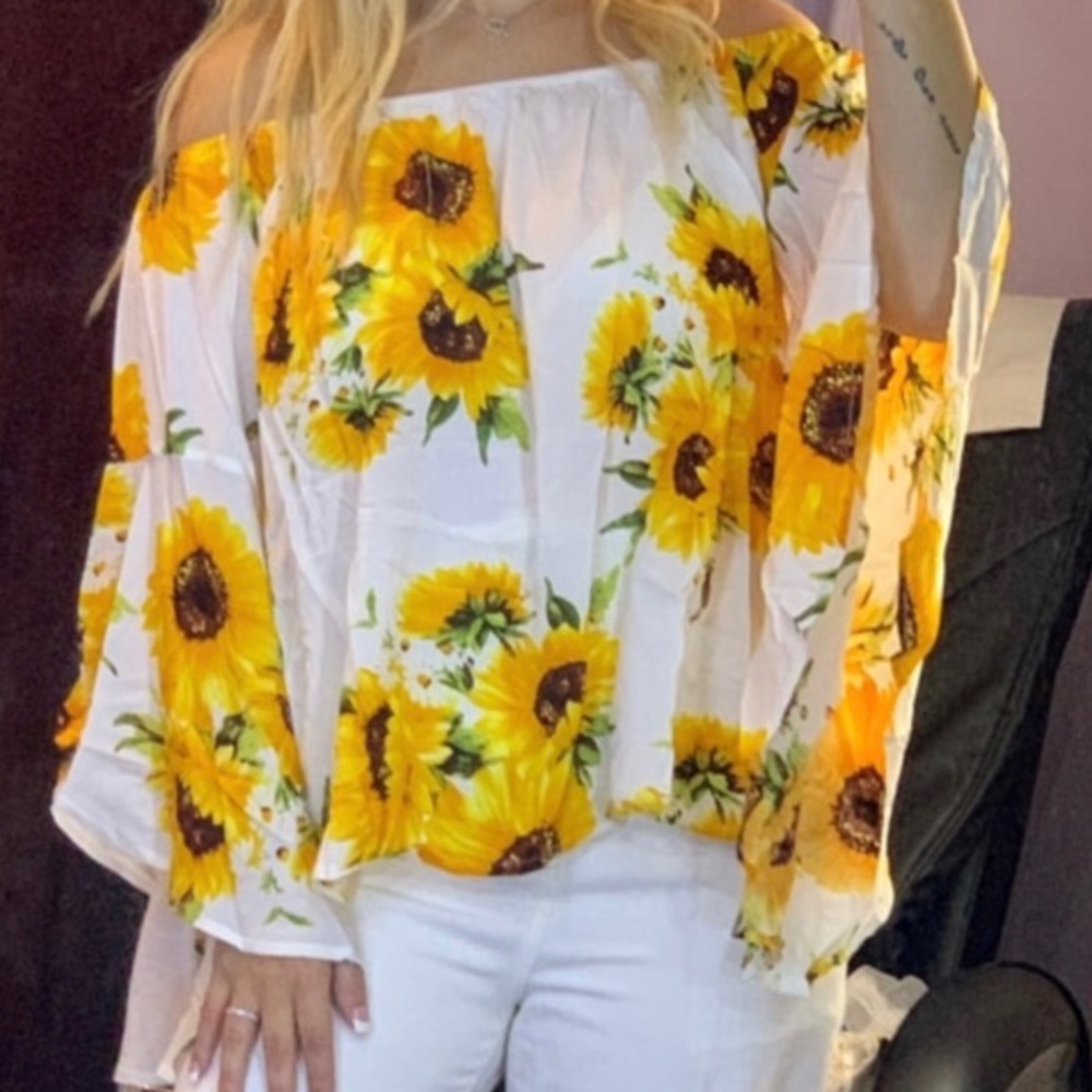 WHITE SUNFLOWER PRINT BOHO BARDOT SWING TOP - Picture 7 of 11